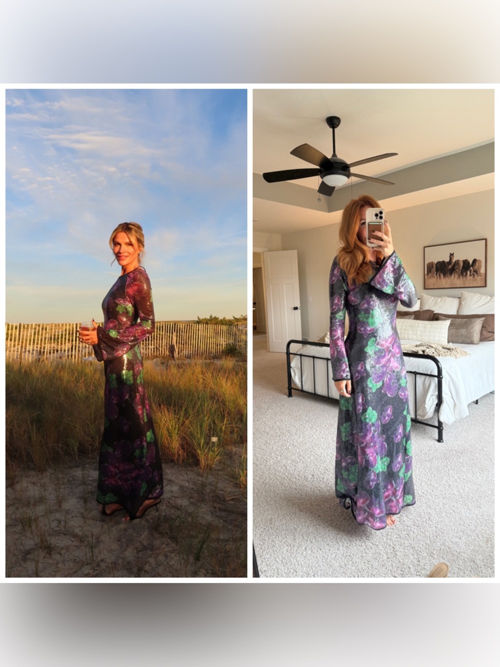 The Wolf Gang Lenee Sequin Long Sleeve Maxi Dress Purple Floral Small
